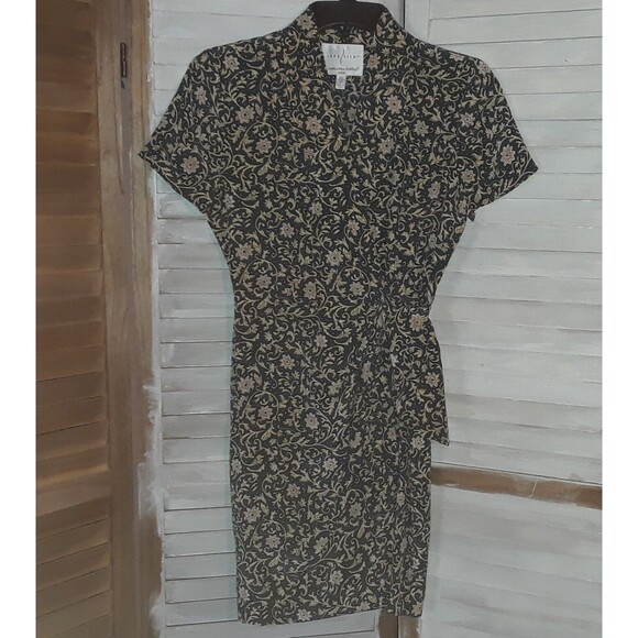 ADRIANNA PAPELL Dress Size 4P 100% Silk Faux Wrap Botanical Floral Teal & Cream - Picture 1 of 4